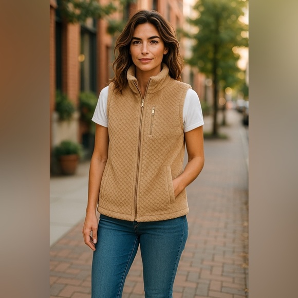 Anne Klein Tan Quilted Vest with High Collar - Picture 1 of 8